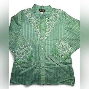 Bob Mackie Wearable Art Green Blouse with White Floral Stitching